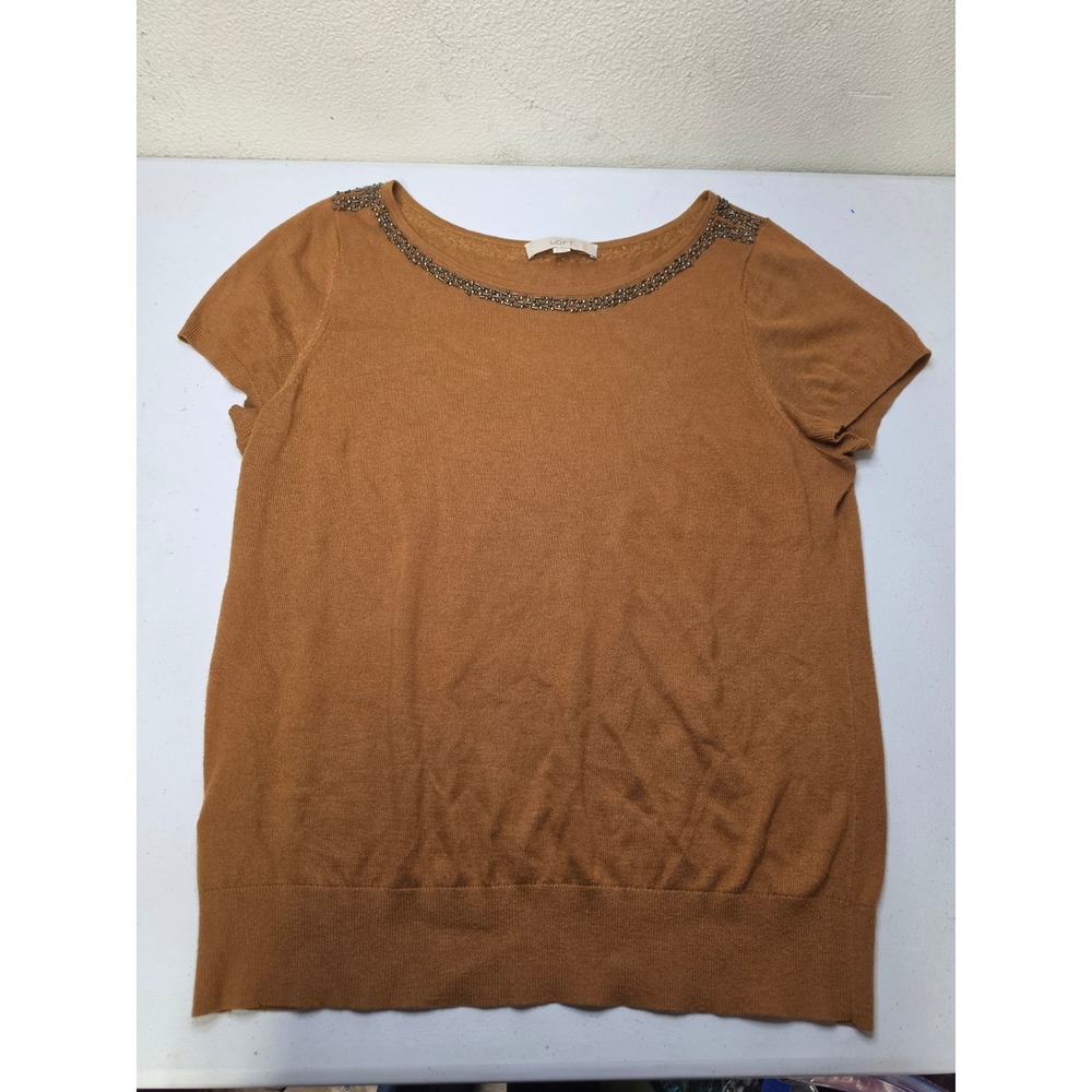 Ann Taylor Loft XL Brown Beaded Neckline Short Sleeve Cotton Blend Sweater